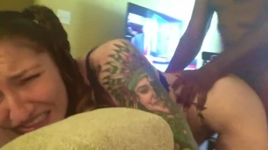 Cute tattooed babe with a dildo and a black dick